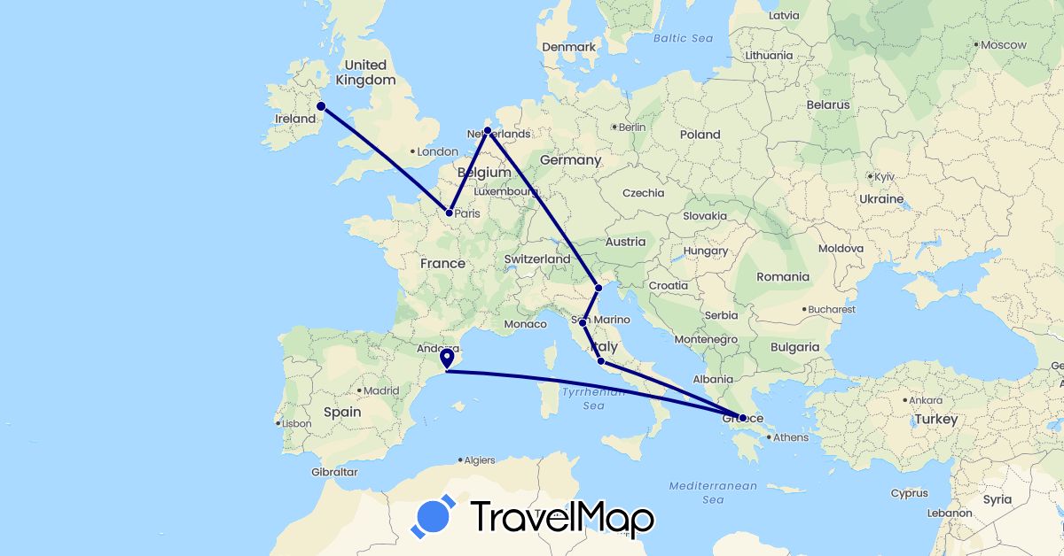 TravelMap itinerary: driving in Spain, France, Greece, Ireland, Italy, Netherlands (Europe)